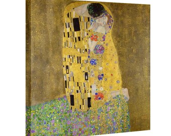 May include: A painting of two figures embracing in a golden field of flowers. The figures are adorned with intricate patterns and colors, creating a vibrant and romantic scene.