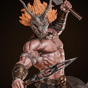May include: A muscular warrior figurine wearing a weathered, horned mask and bright orange hair. The figure is shirtless with visible scars, wearing dark pants with a gold skull belt buckle, bronze arm guards, and holding two metallic bladed weapons.