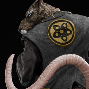 May include: A detailed figurine of an anthropomorphic rat character with brown fur, wearing a dark gray textured vest featuring a circular gold and black emblem on the back. The figure has a long, pale pink, segmented tail and a stoic expression.