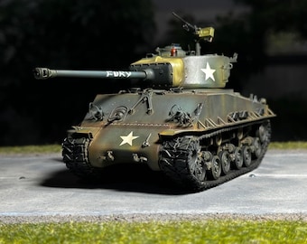 Pro Built 1/35 M4A3 Sherman Tank Model, Hand Painted Military Diorama, WW2 US Army Tank, Realistic Weathering, Prime Scale Collection