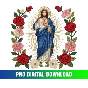 Könnte beinhalten: Digitales Bild einer religiösen Figur mit goldenem Heiligenschein, blauer Robe und Herzsymbol. Die Figur ist von einem Blumenkranz aus roten, rosa und weißen Rosen umgeben, mit dem Text "PNG DIGITAL DOWNLOAD" am unteren Rand.