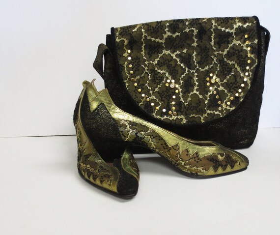 Vintage 1980s black lace studed gold metallic pur… - image 5