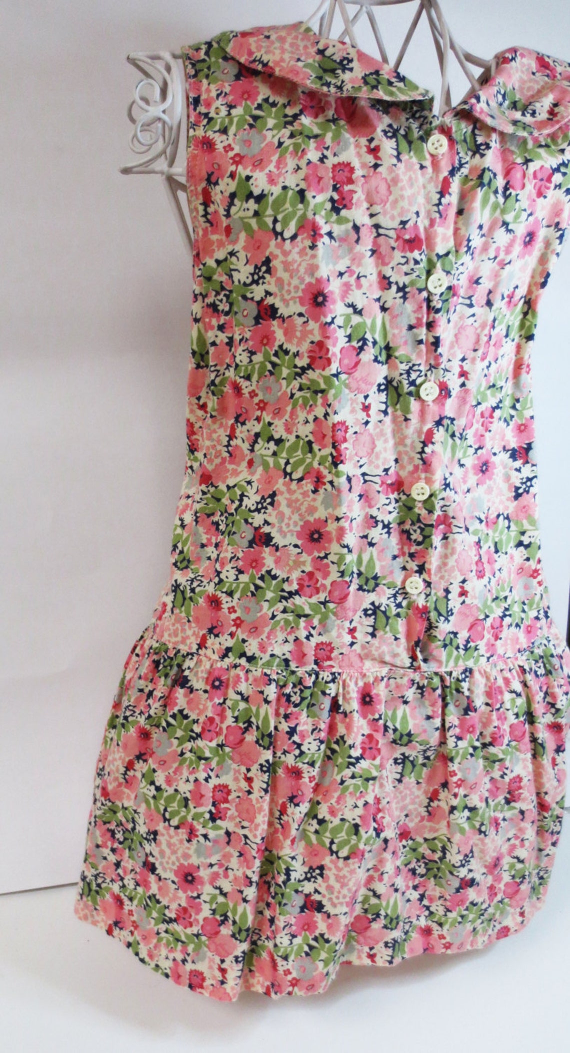 Vintage Floral Pattern Tunic Dress Shirt Button Down Roses Pinks Greens