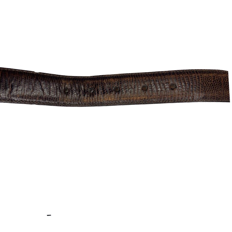 Op de afbeelding: Een bruine leren riem met een getextureerd, reptielachtig patroon. De riem heeft verschillende gelijkmatig verdeelde gaten en een licht gebogen vorm, wat suggereert dat hij om de taille gedragen moet worden.