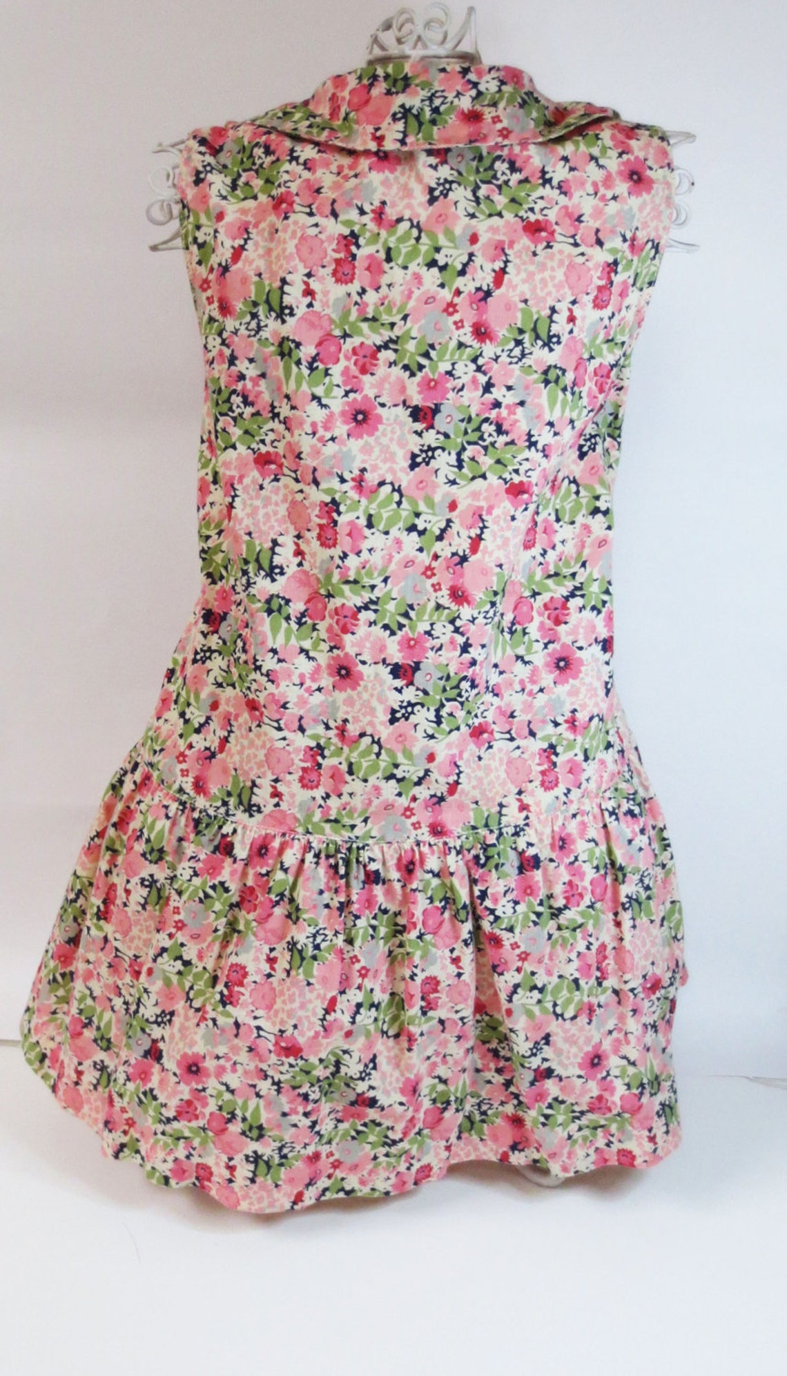 Vintage Floral Pattern Tunic Dress Shirt Button Down Roses Pinks Greens