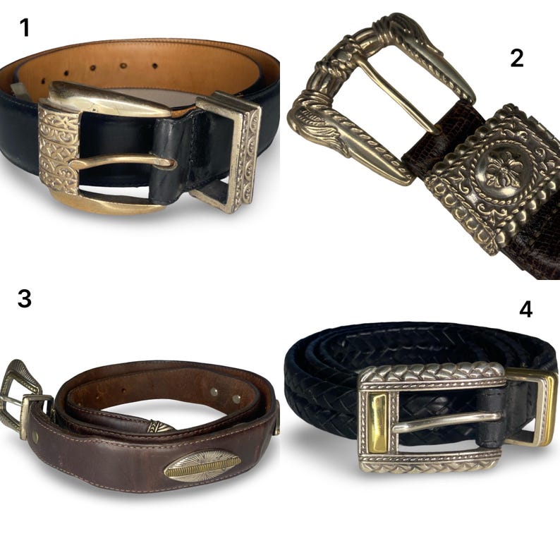 Op de afbeelding: Vier leren riemen met decoratieve metalen gespen. De riemen zijn in verschillende kleuren, waaronder zwart, bruin en een gevlochten marineblauw. De gespen hebben sierlijke ontwerpen en goudkleurige accenten. De riemen worden tegen een witte achtergrond gepresenteerd.