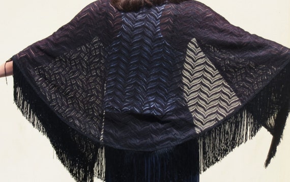 Vintage Black Lace Shawl - Early 1970s - Fringe S… - image 1