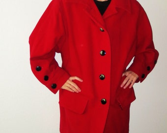 Vintage 1970s Saint Laurent Rive Red Wool Coat Button Down