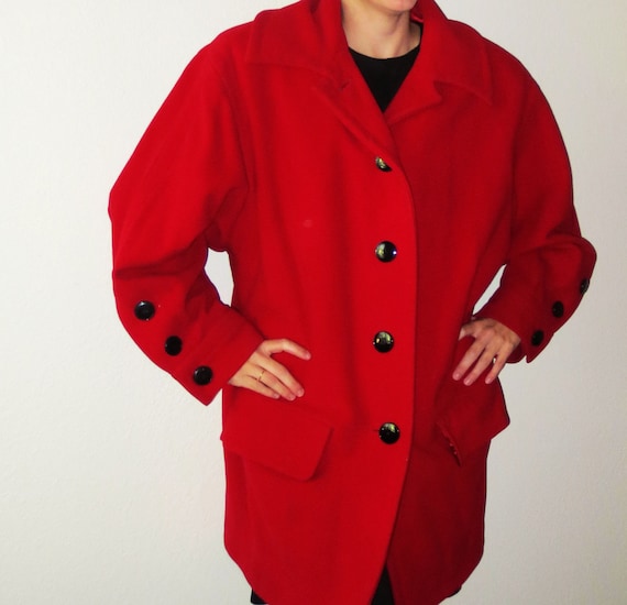 Vintage 1970s Saint Laurent Rive Red Wool Coat Bu… - image 1