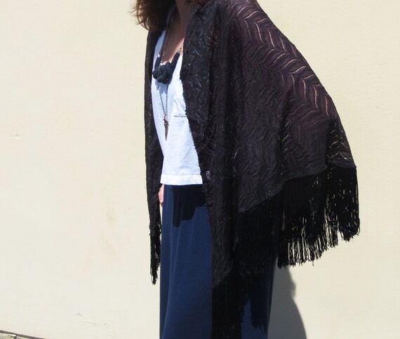 Vintage Black Lace Shawl - Early 1970s - Fringe S… - image 3