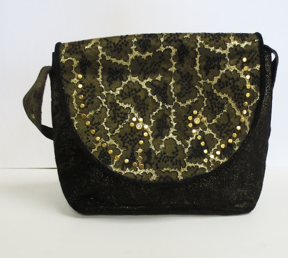 Vintage 1980s black lace studed gold metallic pur… - image 1