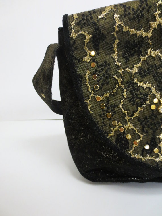 Vintage 1980s black lace studed gold metallic pur… - image 2