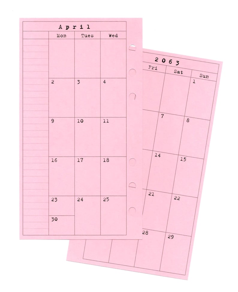 May include: A pink calendar page for April 2063. The calendar is divided into seven columns for each day of the week, with the days of the week labeled at the top. The calendar is designed for a planner or organizer.