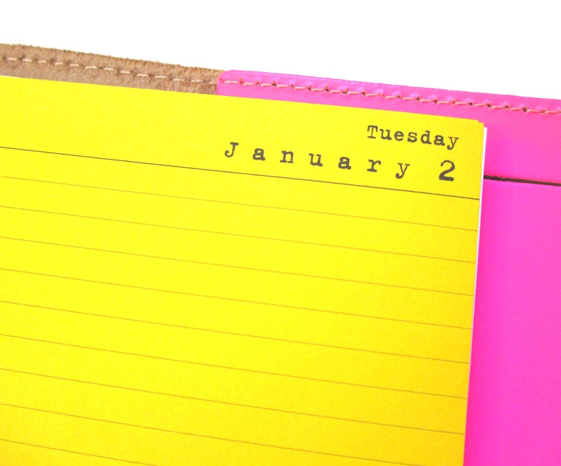 May include: Day per page planner paper insert, example shown on yellow lined paper in ring-bound binder