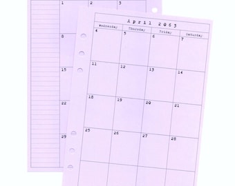 Month on 2 Pages Planner Refill, Printed Planner Refill, Disc or Ring Bound Paper Insert, Choose Color