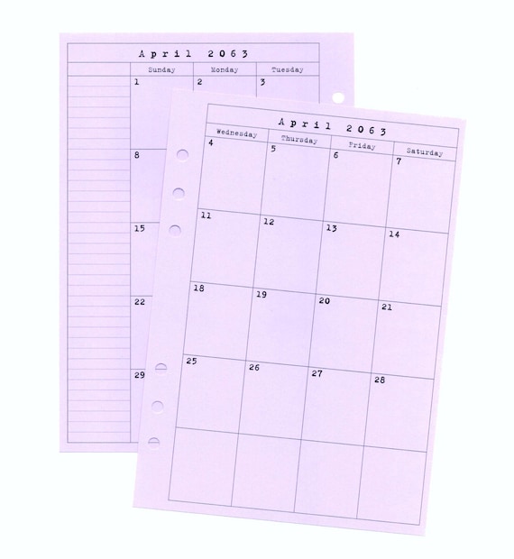 Month on 2 Pages Planner Refill, Printed Planner Refill, Disc or Ring Bound Paper Insert, Choose Color