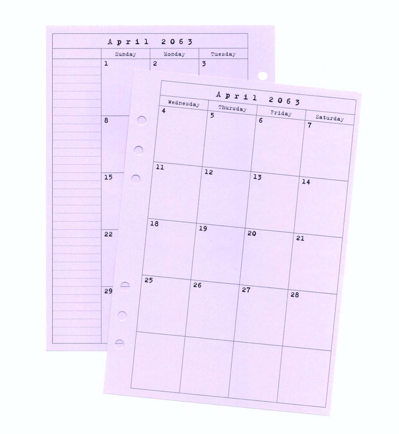 May include: A purple monthly calendar planner for April 2063. The calendar has a grid layout with each day of the week labeled. The calendar is designed for use with a disc-bound planner.