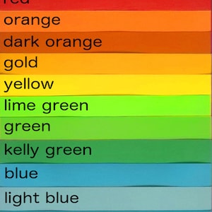 May include: A color chart with 16 different shades of color, including pink, red, orange, yellow, green, blue, purple, and orchid. Each color is labeled with its name.