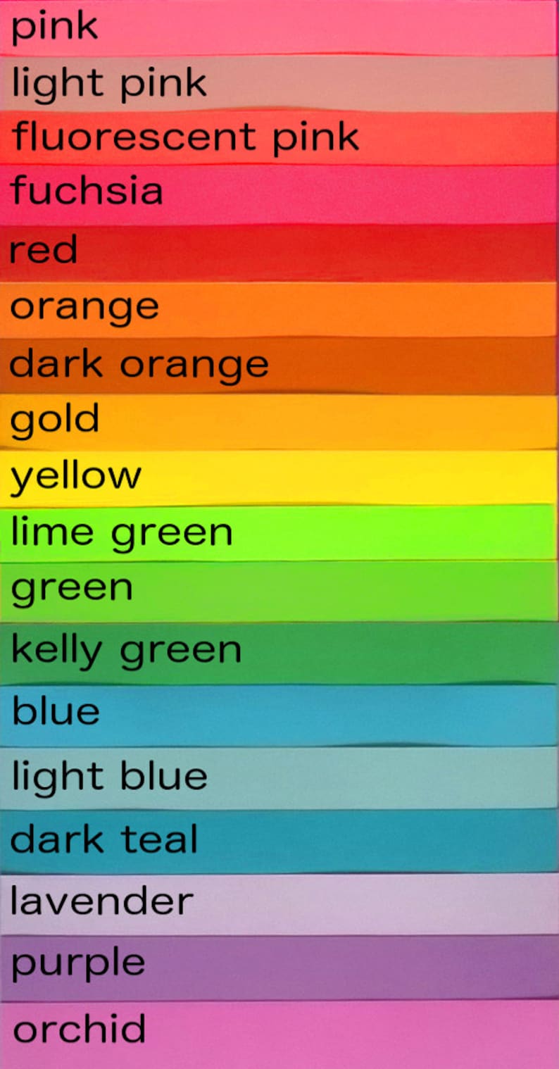 May include: A color chart with 16 different shades of color, including pink, red, orange, yellow, green, blue, purple, and orchid. Each color is labeled with its name.