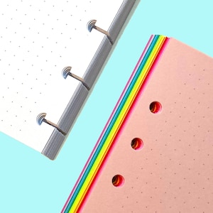May include: Two stacks of paper with dot grid patterns. One stack is white, the other is pink with rainbow-colored edges. Both stacks have silver binding hardware. The background is a light blue.
