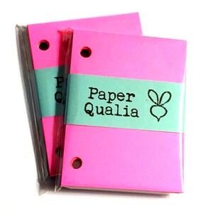 Op de afbeelding: Twee roze notitieboekjes met turquoise omslagen en een zwart logo met de tekst "Paper Qualia" en een kleine radijsgrafiek.