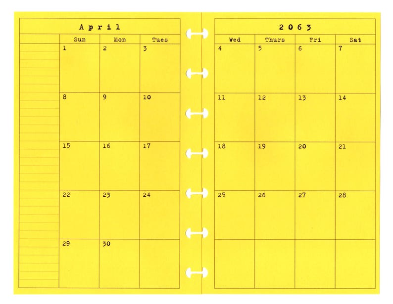 May include: A yellow calendar with the month of April 2063. The calendar is divided into seven columns for each day of the week, starting with Sunday and ending with Saturday. Each day is numbered from 1 to 30.