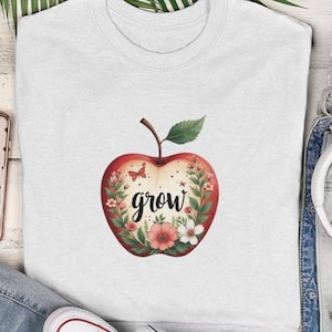 Grow Apple T Shirt Design, Floral Apple Digital Print, Inspirational Wall Art, Printable PNG, Teacher Gift, Apple Clipart