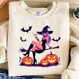 Sexy Witch Halloween Digital Art PNG, Cocktail Witch Clipart with Pumpkins, Instant Download, Halloween Design for Commercial Use