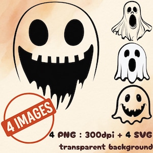 Clipart di fantasmi minimalisti, arte astratta di Halloween, in bianco e nero, SVG PNG, contorno spettrale, figura fluttuante, design inquietante digitale