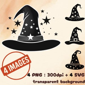 Clipart minimalista del cappello da mago, arte digitale magica di Halloween, bianco e nero, stellato, stampabile, PNG, SVG, decorazione mistica da strega, download
