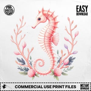 Pink Seahorse Digital Art, Watercolor Clipart, Floral Seahorse PNG, Cute Animal Download, Commercial Use Digital Design