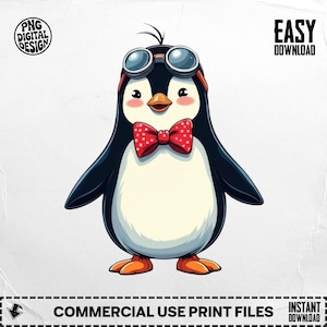 Cute Penguin Digital Art, Cartoon Clipart Image, Steampunk Aviator Penguin, Transparent PNG for Sublimation, Instant Download Graphic