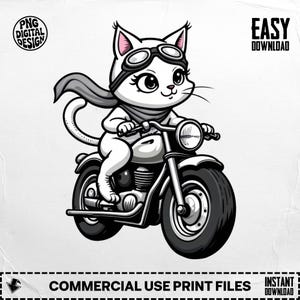 Cat on Motorcycle PNG, Cool Kitten Digital Art, Biker Cat Clipart, Funny Animal Design, Cartoon Illustration, Digital Download for Crafts