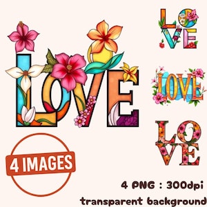ステンドグラスのLOVEタイポグラフィー、夏の明るい花柄アートプリント、結婚式の装飾やロマンチックなギフトデザインに最適なデジタルイラスト