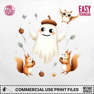 Autumn Ghost Print: Woodland Animals, Acorn Hat (PNG File)