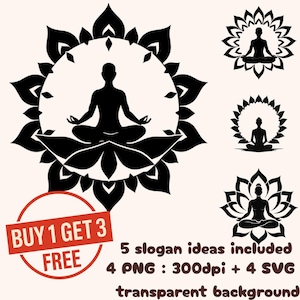 Minimalistisch Zen silhouet ontwerp zwarte lotus-mandala meditatie PNG zwart-wit muur kunst yoga logo spiritueel decor digitale download yoga dag