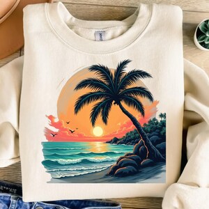 Tropical Beach Sunset Digital Art, Palm Tree Landscape PNG, Summer Ocean Graphic, Vacation Clipart, Digital Download, T-Shirt Design