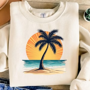 Retro Palm Tree Digital Art Vibrant Summer Graphic PNG File Tropical Beach Sunset Scene Clipart Vacation Vibes Design Download