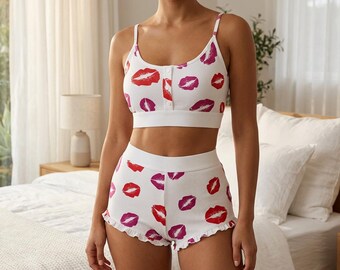 Women's Printed Pajama Shorts Set, Wire Free Crop Top and Ruffle Shorts, Two Piece Sleepwear, Cute Night Suit, Summer Loungewear