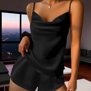 Women's Satin Pajama Set, Shorts Pajama Set, Silk Sleepwear, V-Neck Cami Top and Elastic Waist Shorts, Soft Sleepwear & Loungewear Set