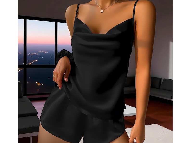 Women's Satin Pajama Set, Shorts Pajama Set, Silk Sleepwear, V-Neck Cami Top and Elastic Waist Shorts, Soft Sleepwear & Loungewear Set