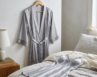 2 PCS Satin Lace Robe Set for Women, Nightgown & Kimono Sleepwear, V Neck Nightdress, Bridal Pajama Set, Romantic Nightwear