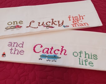 Pair of 100% Cotton White Pillowcases with New Cross Stitch in Fishing Theme