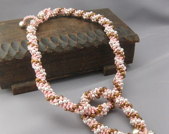 Love Triangle- Brown and silver bead with baby pink satin cord set