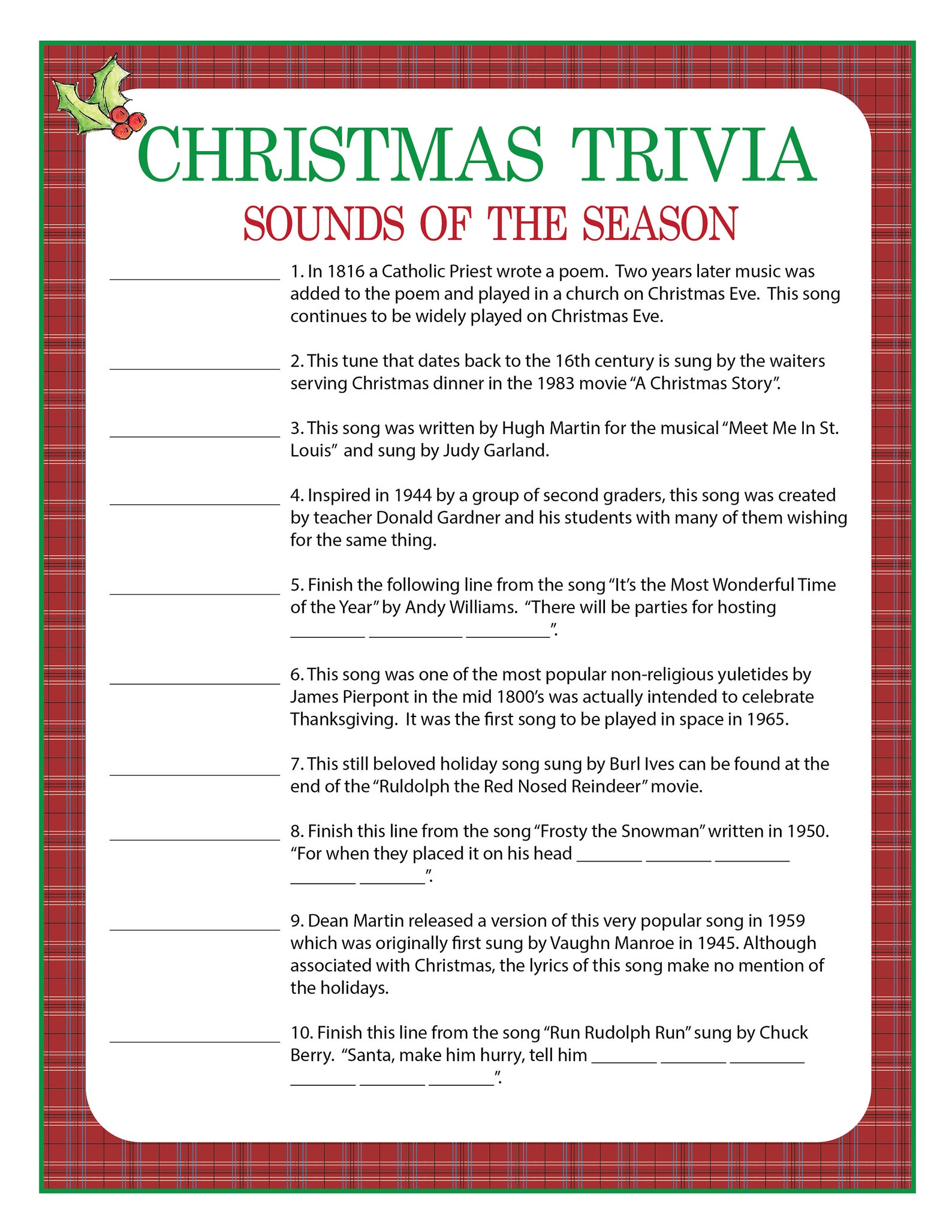 Christmas Trivia Game 4 Rounds 40 Questions Printable Game for ...