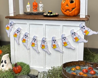 Halloween Dollhouse Miniature Ghost Garland Banner, 1:12 Scale Ghost Bunting, Handmade Halloween Decor