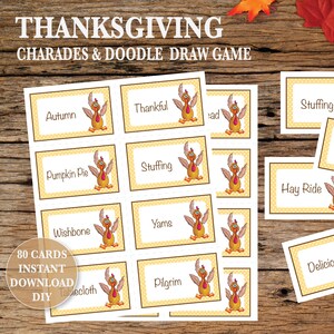 Thanksgiving Charades en Doodle Draw Pictionary-spellen Afdrukbare spellen voor Thanksgiving Fun Thanksgiving-activiteit Direct downloaden 80 kaarten