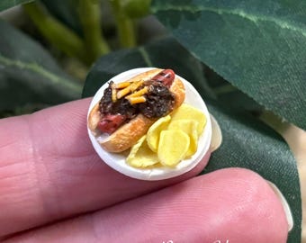 Miniature Chili Cheese Hot Dog with Chips 1:12 Scale Handmade Diorama Dollhouse Food