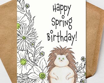 Spring Hedgehog Birthday Card A7 5x7 on Textured Linen