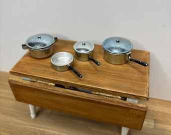 Vintage Miniature Metal Pots and Pans Set | 1:12 Scale Dollhouse Cookware | Silver Kitchen Pots with Lids | Dollhouse Kitchen Accessories